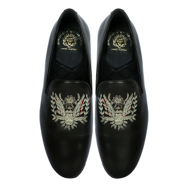 Crown Eagle Zardosi Slip-On Shoes in Black Leather By Brune & Bareskin