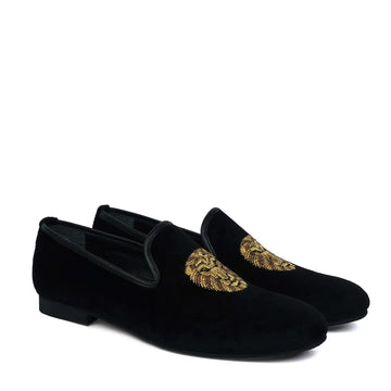 Zardosi Lion Black Velvet Slip-On Shoes By Brune & Bareskin