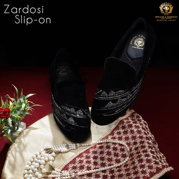 Black Velvet with Multi-Color Abstract Embellishments Slip-Ons