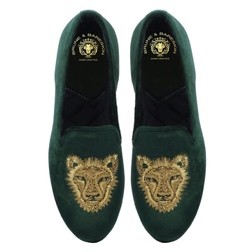 Golden Sleek Lion Zardosi Green Velvet Slip-Ons