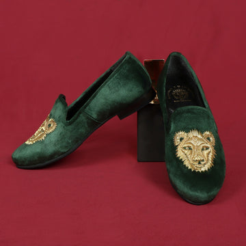 Golden Sleek Lion Zardosi Green Velvet Slip-Ons
