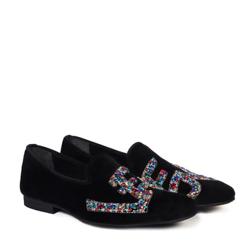 Men's Slip-On Shoes with Crystal Stones Multi-Color Mixed LEGEND Embellished in Black Velvet