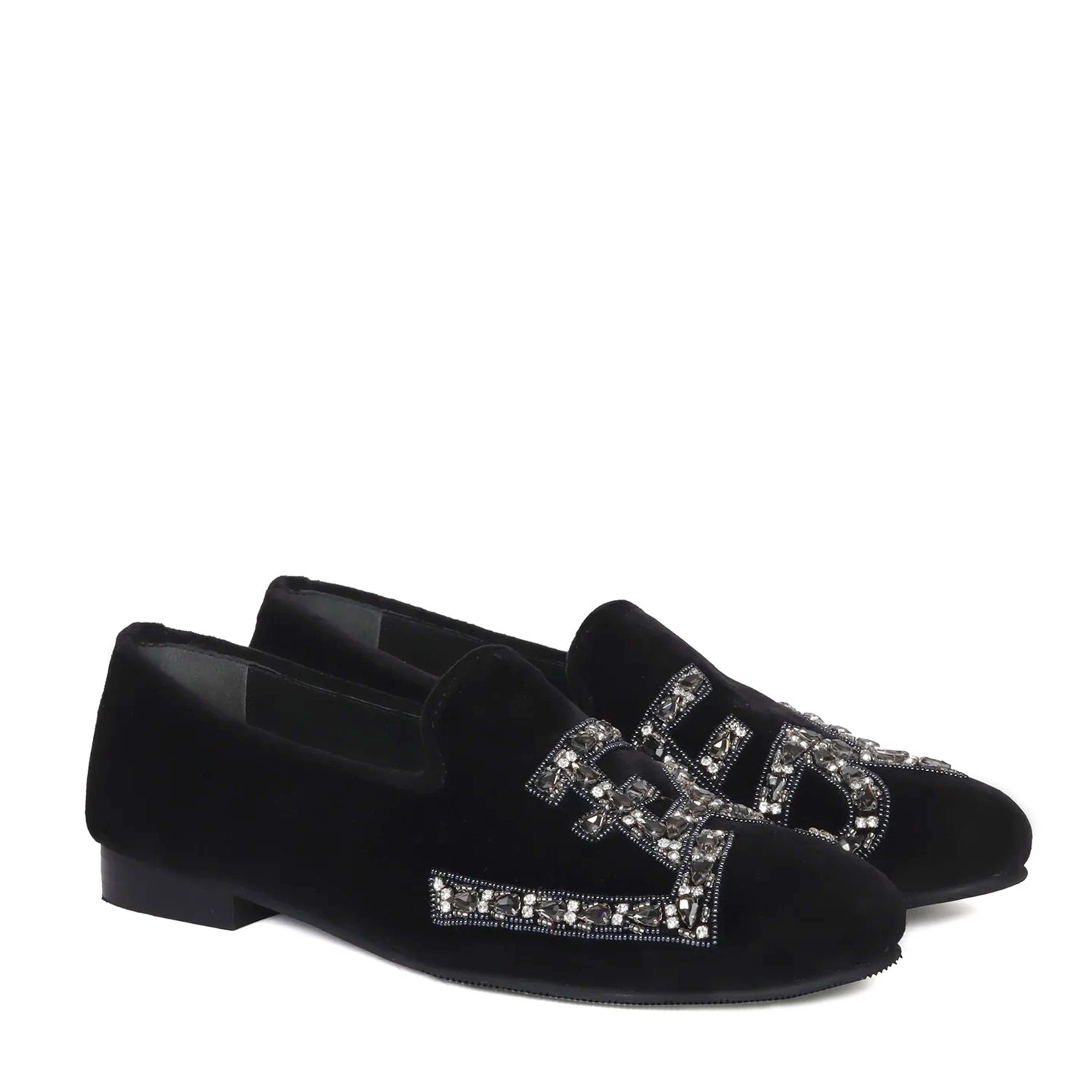 Black Italian Velvet Slip-On Shoes with Grey Finish Crystal Stones LEGEND Embellished