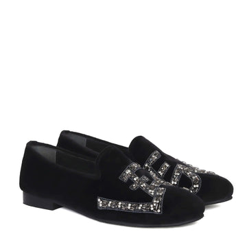 Black Italian Velvet Slip-On Shoes with Grey Finish Crystal Stones LEGEND Embellished