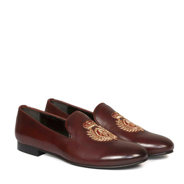 Dark Brown Leather Slip-On with Fleur-de-lis Crown Crest Zardosi By Brune & Bareskin