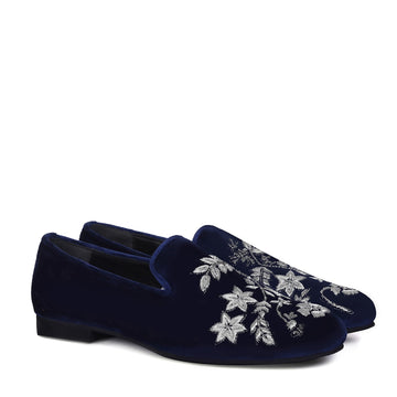 Blue Italian Velvet Slip-On Shoes with Floral Pattern Silver Handmade Zardosi For Men By Brune & Bareskin