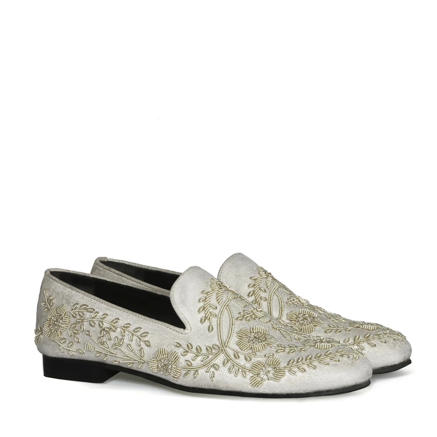White Slip-On Shoes For Men with Stem Floral Ethnic Silver Hand Zardosi