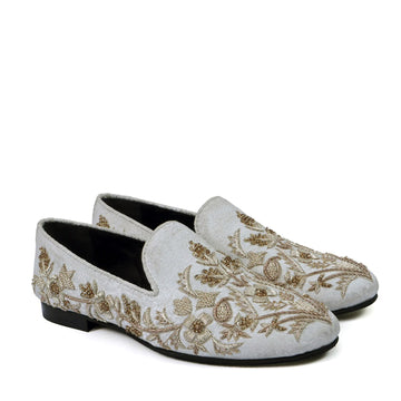 White Floral Zardosi Slip-On Shoes For Men - Main Image