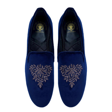 Blue Velvet Men's Slip-on with Motifs Design Hand Embroidered