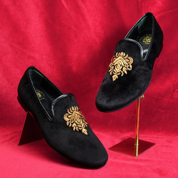 Black Velvet Slip-on Shoes with Hand Zardosi Design