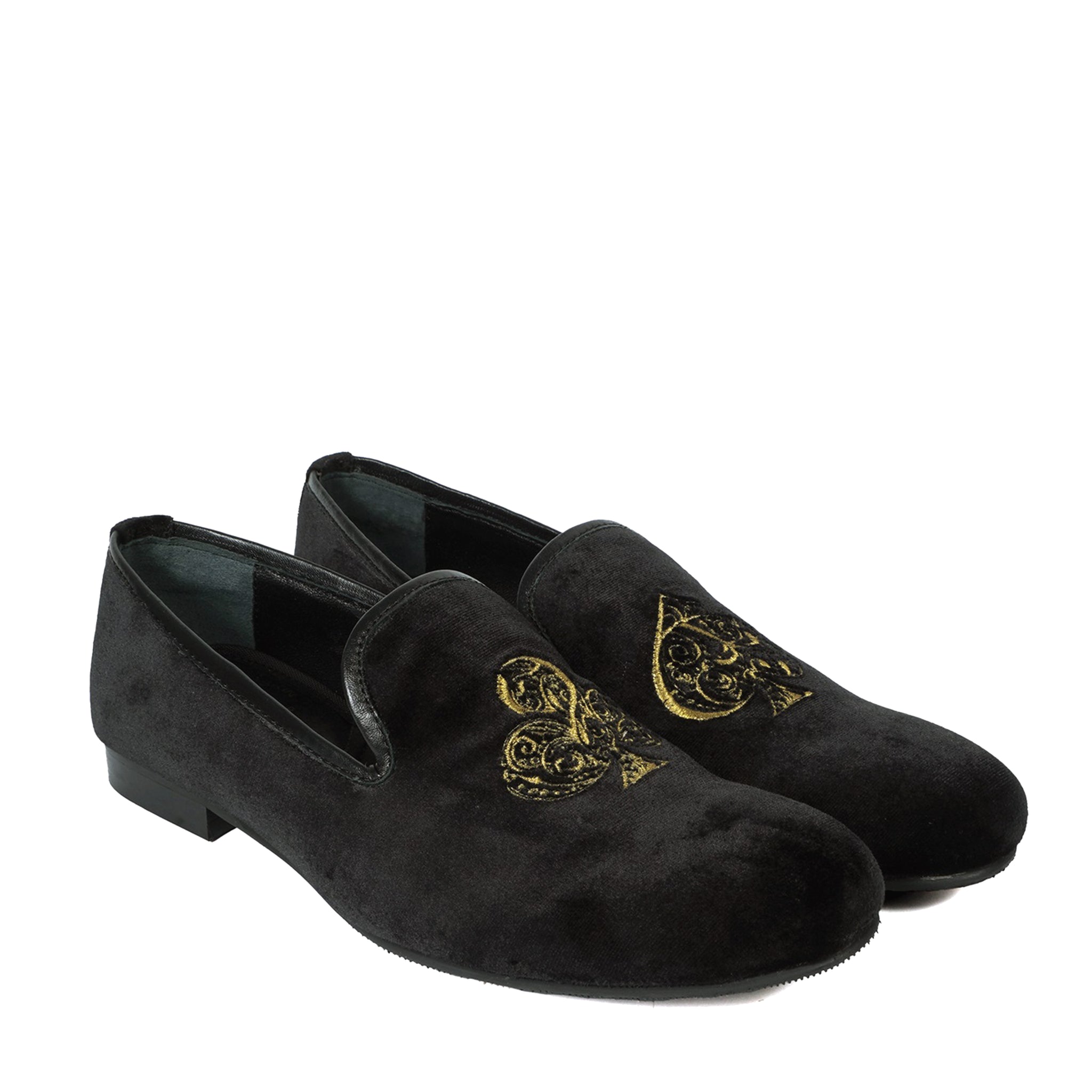 Embroidered Velvet Slip-On Shoes with Black-Golden Poker Detailing
