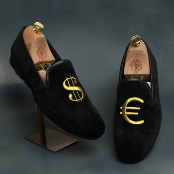 Embroidered Black Velvet Slip-On Shoe