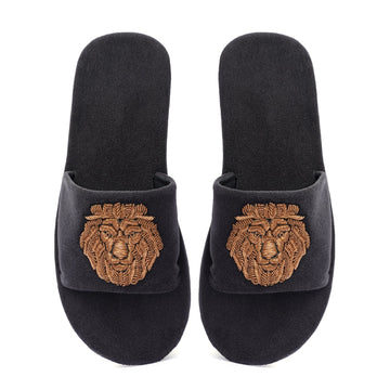 Zardosi Lion Grey All Velvet Men Slide In Slippers By Bareskin
