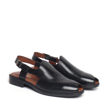 Cross Design Light Weight Peshawari Sandals in Black Genuine Leather For Men By Brune & Bareskin