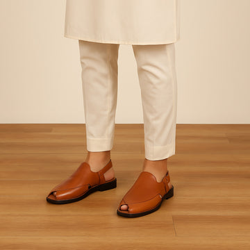 Tan Cross Design Peep-toe Peshawari Sandals