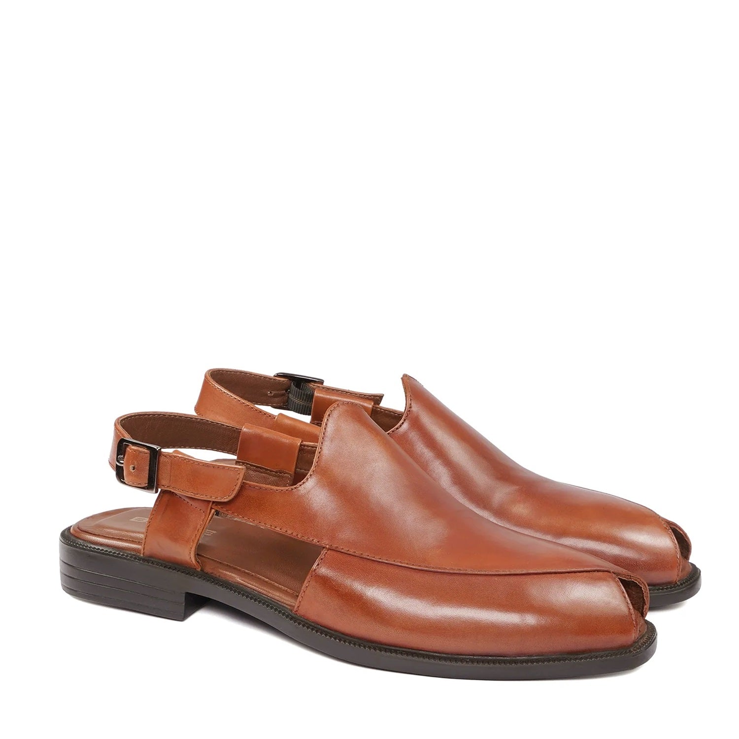 Tan Cross Design Peep-toe Peshawari Sandals