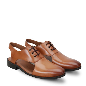 Hand Made Tan Genuine Leather Formal Lace-Up Sandals