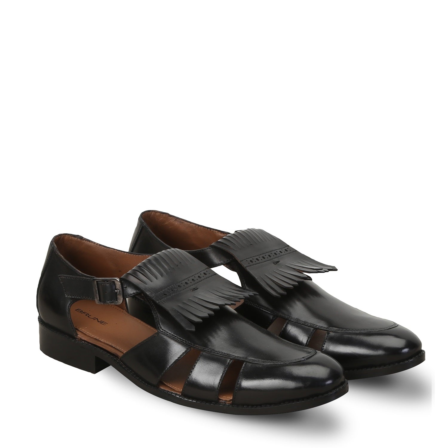 Black Leather Formal Sandals With Fringes Design For Men
