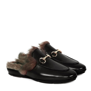 Summer Special Back Opening Furry Light Weight Black Leather Formal Mules