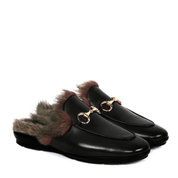 Summer Special Back Opening Furry Light Weight Black Leather Formal Mules