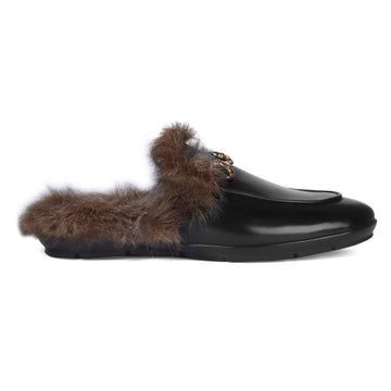 Summer Special Back Opening Furry Light Weight Black Leather Formal Mules