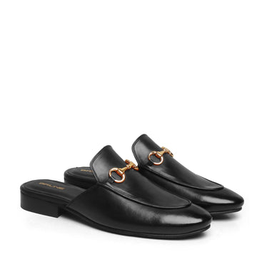 Black Leather Horsebit Formal Mules With Slipper Opening at The Back (Summer Special) By Brune & Bareskin
