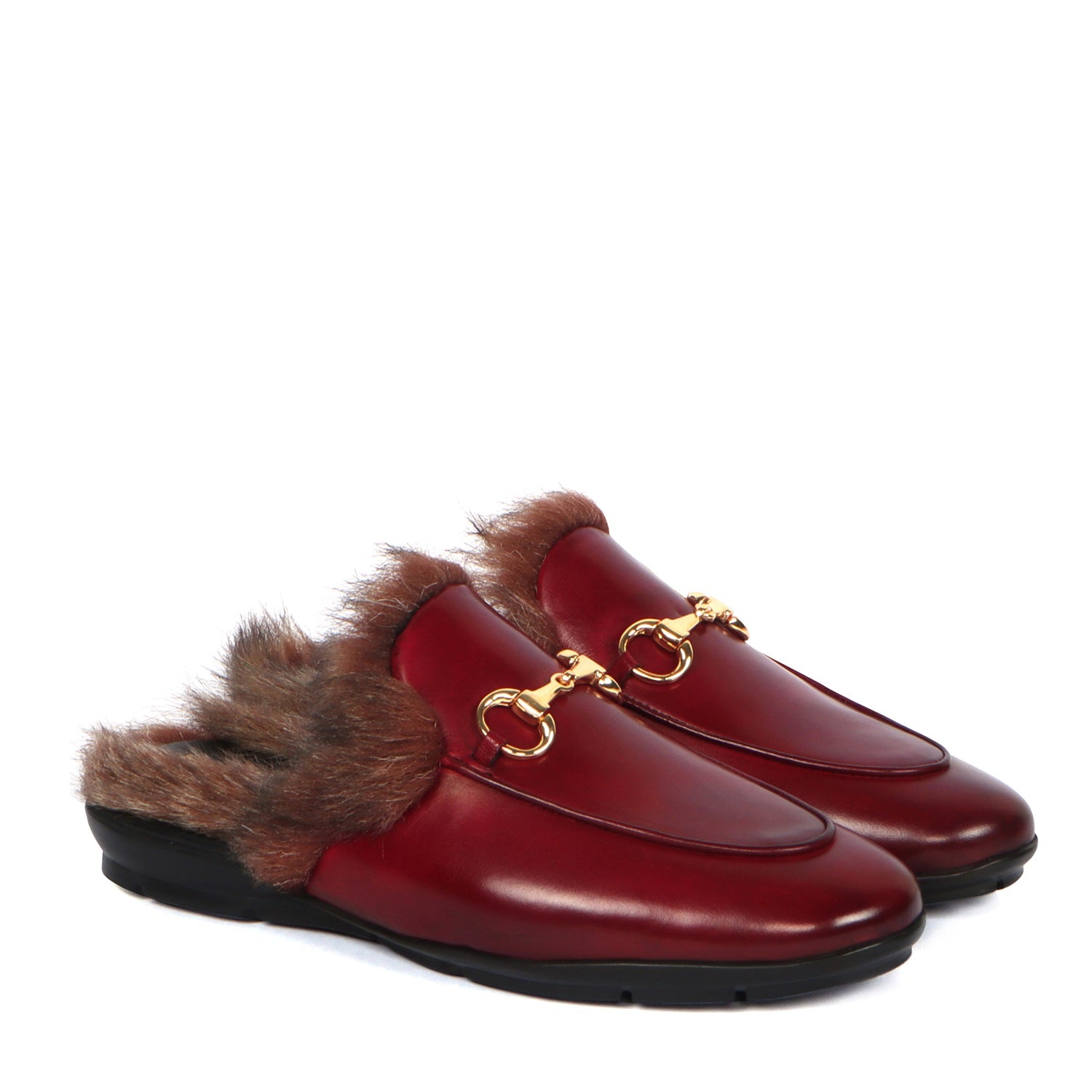 Furry Mules Light Weight Wine Leather Formal Horsebit Buckle With Slipper Opening at The Back (Summer Special) By Brune & Bareskin
