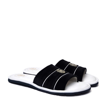 Women's Black Velvet Strap White Leather Slide-in Slippers by BRUNE & BARESKIN