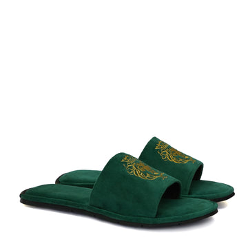 Green Two Tone Full Velvet Lion Embroidery Slippers By Brune & Bareskin