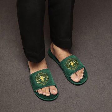 Green Two Tone Full Velvet Lion Embroidery Slippers By Brune & Bareskin