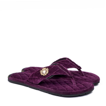 Women V-Strap Purple Full Diamond Stitched Soft Italian Velvet Slippers