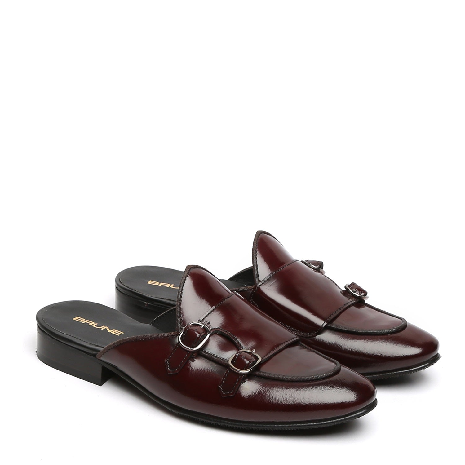 Wine Leather Mules with Double Monk by Brune & Bareskin