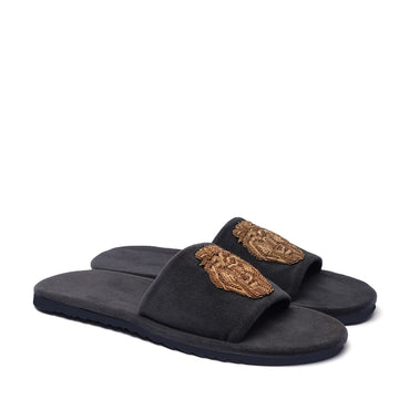 Zardosi Lion Grey All Velvet Men Slide In Slippers By Bareskin