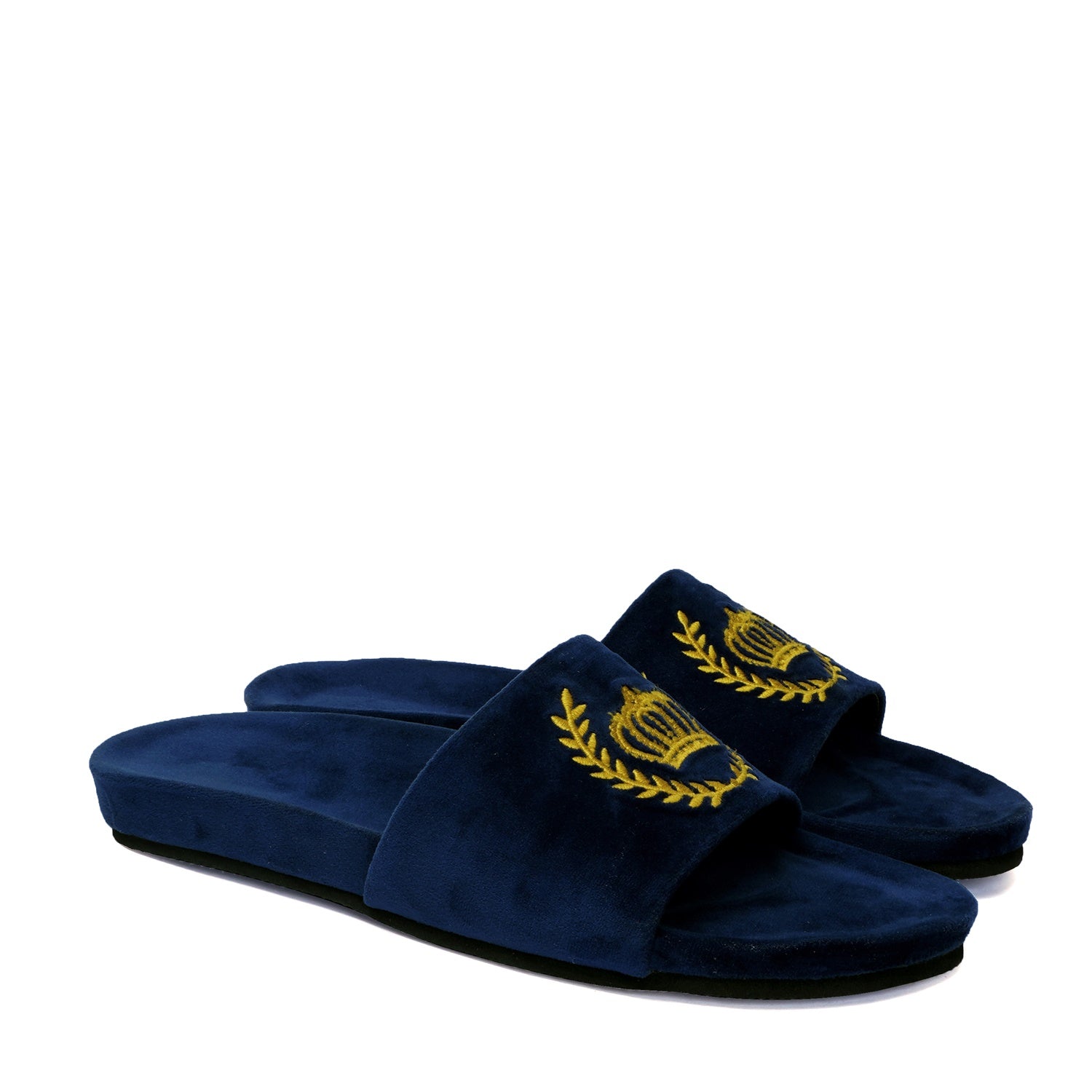 Golden Crown Embroidery On Navy Blue Velvet Slide-In-Slipper