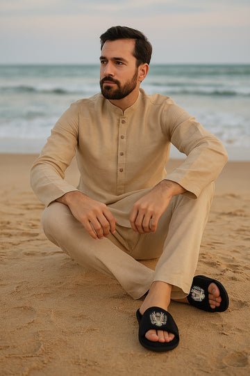 Quilted Base Slide-in Slippers with Crown Eagle Zardosi on Black Velvet