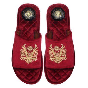 Quilted Base Slide-in Slippers with Crown Eagle Zardosi on Red Velvet