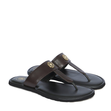 Men's T-Strap Slide-in Slippers with Black-Brown Leather Strap