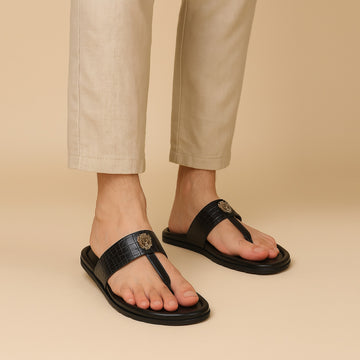 Men's T-Strap Slide-In Slippers in Black Deep Cut Leather