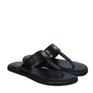 Black Leather T-Strap Slide-in Slippers with Golden Metal Lion