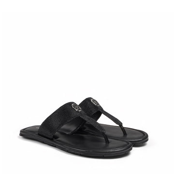 T-Strap Black Exotic Stingray Fish Leather Slippers