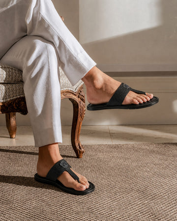 T-Strap Black Exotic Stingray Fish Leather Slippers