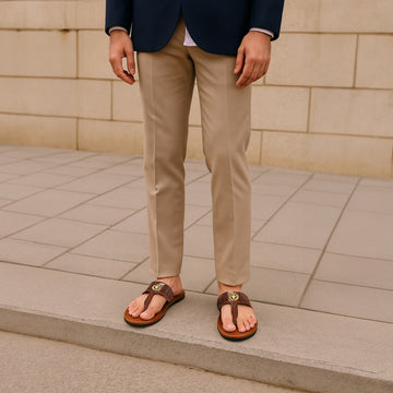 Cognac T- Strap Slippers in Deep Cut Croco Textured Leather