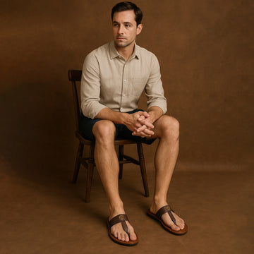 T-Strap Leather Slide-in Slippers with Tan-Brown Strap