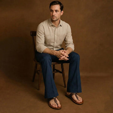 T-Strap Leather Slide-in Slippers with Tan-Brown Strap