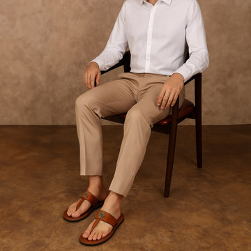 T-Strap Tan Leather Slippers