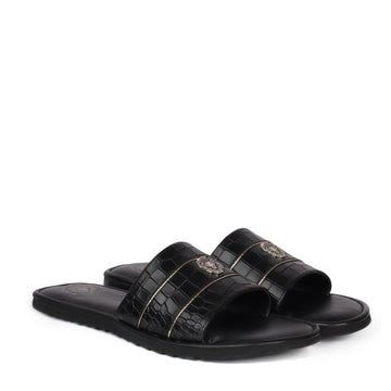 Black Deep Cut Croco Leather With Signature Metal Lion Slide-In-Slippers by BRUNE BY BARESKIN