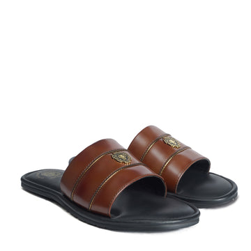 Brown Brush Off Leather Slide-In Slippers with Signature Metal Lion