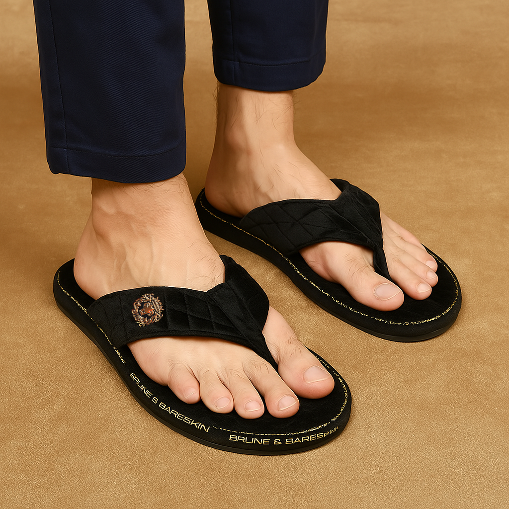 V Shape Leather Chappal V-Shaped Quilted Slippers With Black Brand