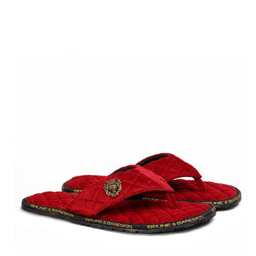 Red V-Shaped Quilted Slippers with Black Brand Lining Velvet
