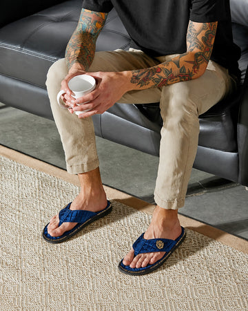 V-Shaped Blue Brand Lining Velvet Quilted Slippers with Lion Logo by Brune & Bareskin